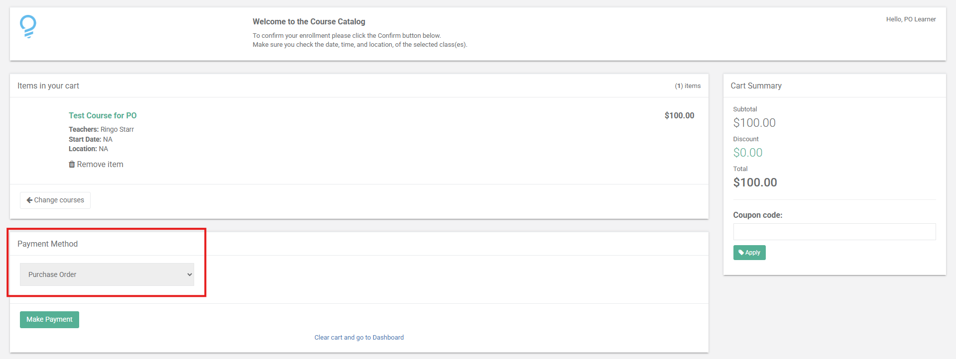 Learner view of the Payment Method field