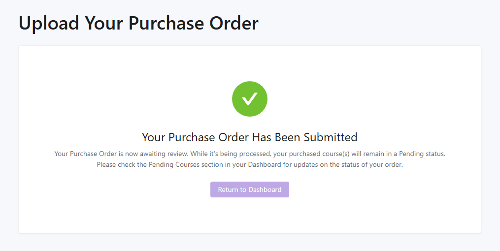 Confirmation screen that a purchase order is submitted