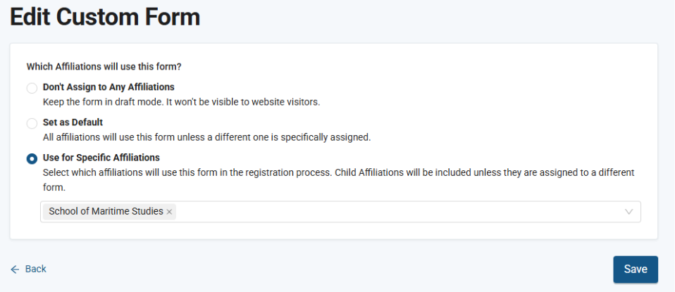 Affiliation selection screen