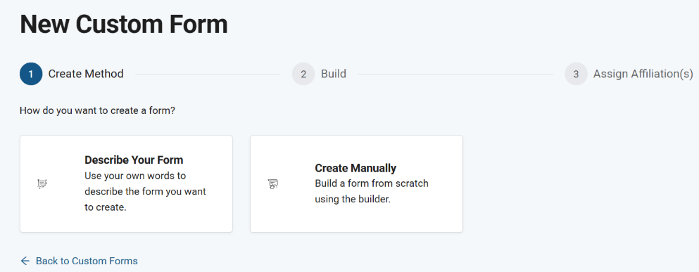 Screen to create a new custom form