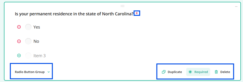Question required settings, duplication, and delete options