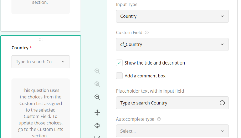 Question edit options for custom field and placeholder text