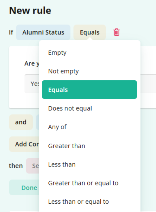 Screen to program a rule using "equals" command