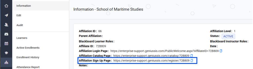 Screen of affiliation-specific sign up page