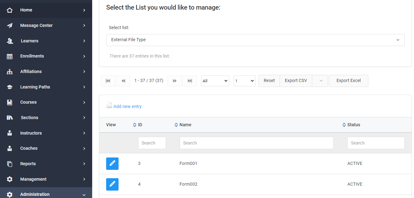 Screenshot of External File Types List