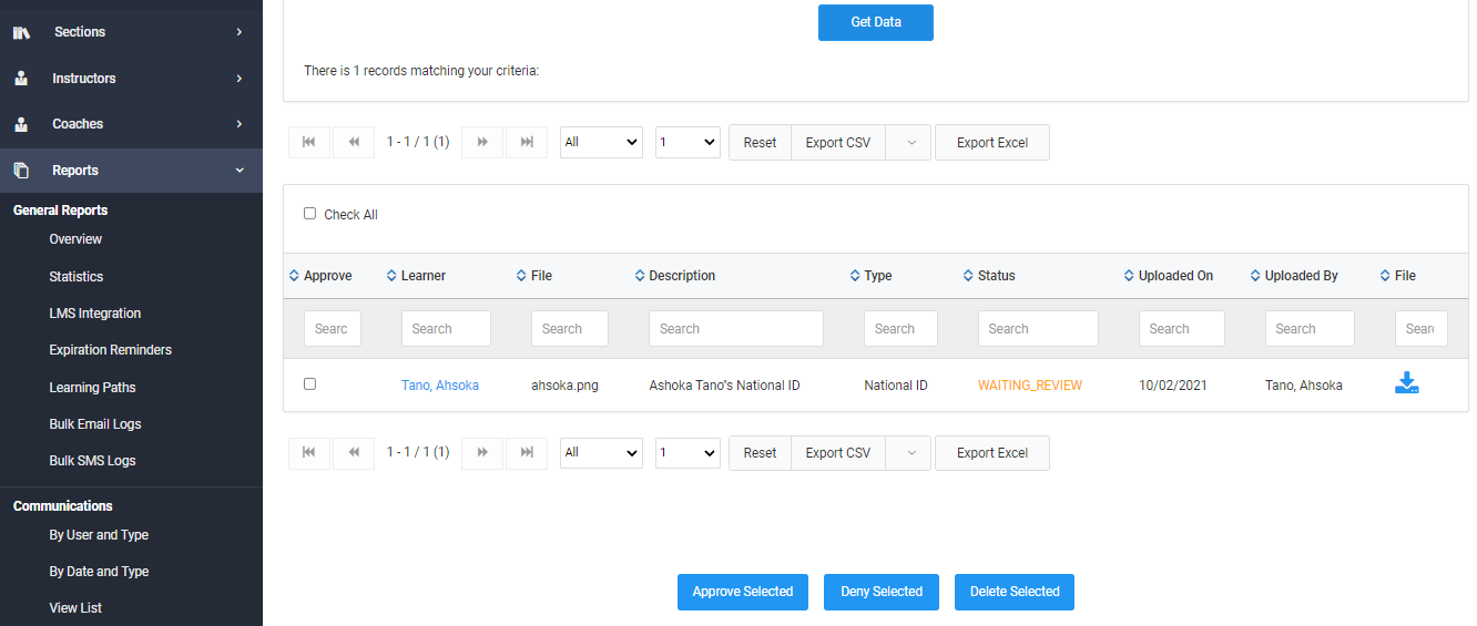 Screenshot of Reports for Document Approval