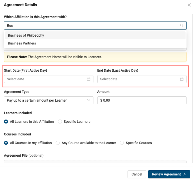 Image of Agreement start and end date fields