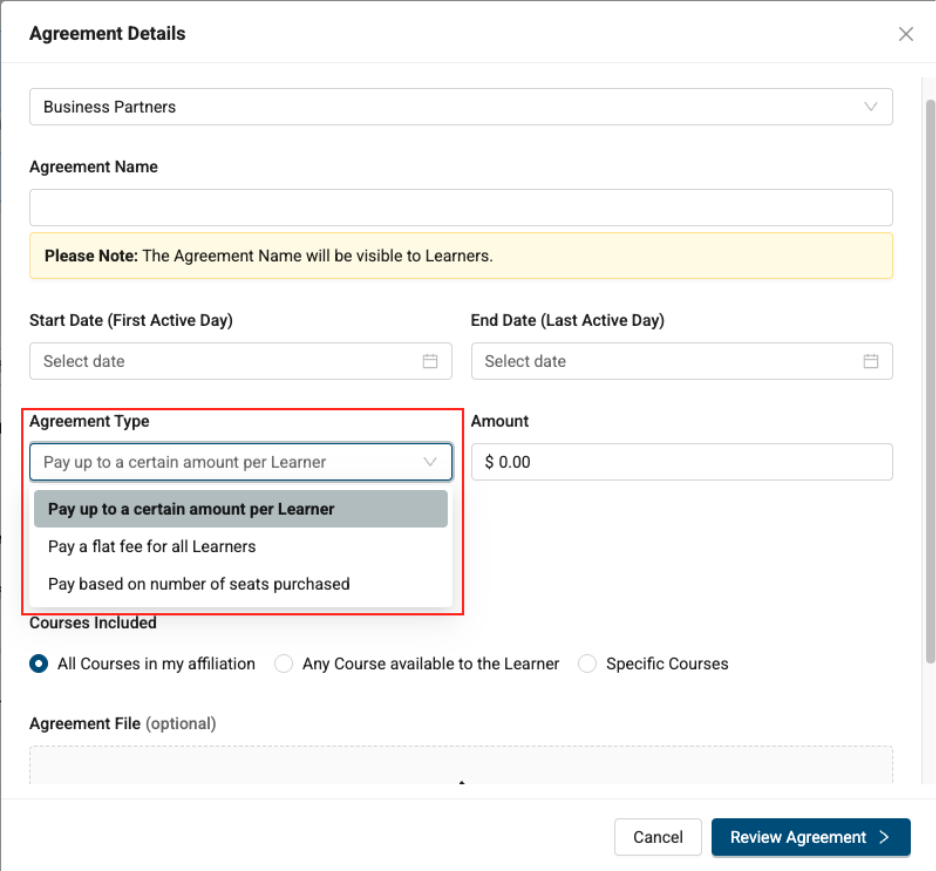 Image of available Agreement types