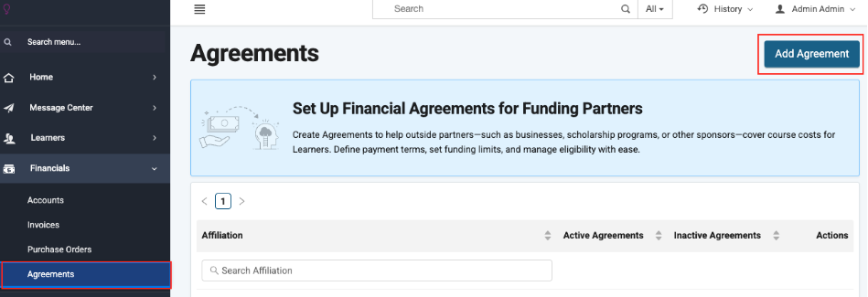 Image of Agreement set up page
