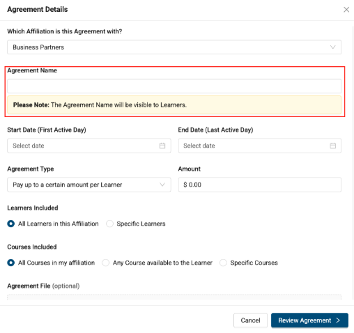 Image of Agreement name text field