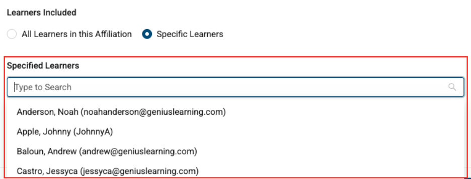 Image of search bar to select learners