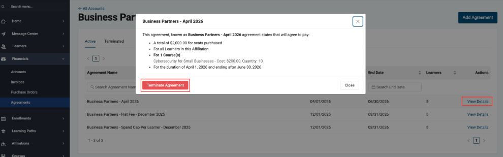 Image of button to terminate an Agreement