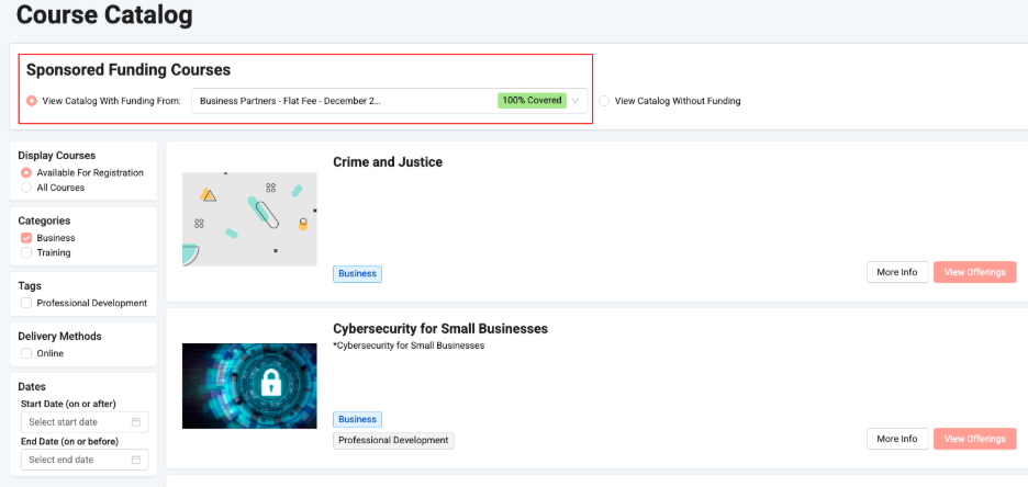 Image of learner view for Sponsored Funding Courses