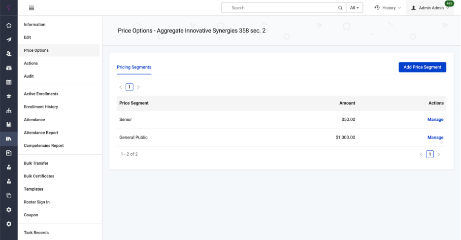 Image of the price options screen under Administration