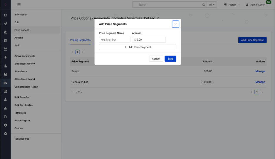 Image of Add Price Segments screen