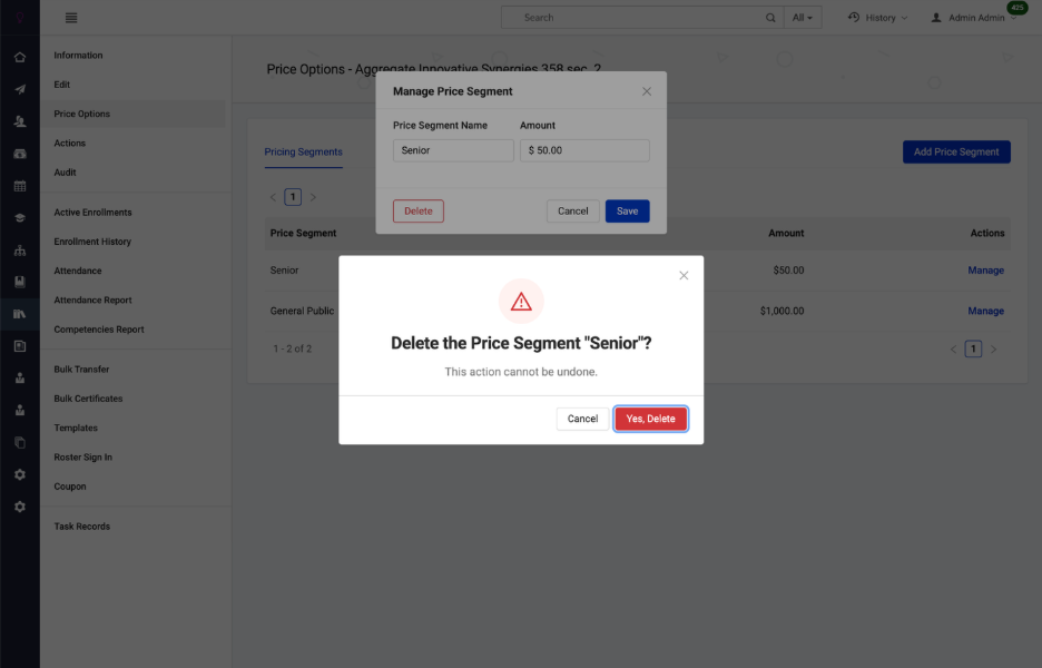 Image of confirmation screen for deleting a price segment