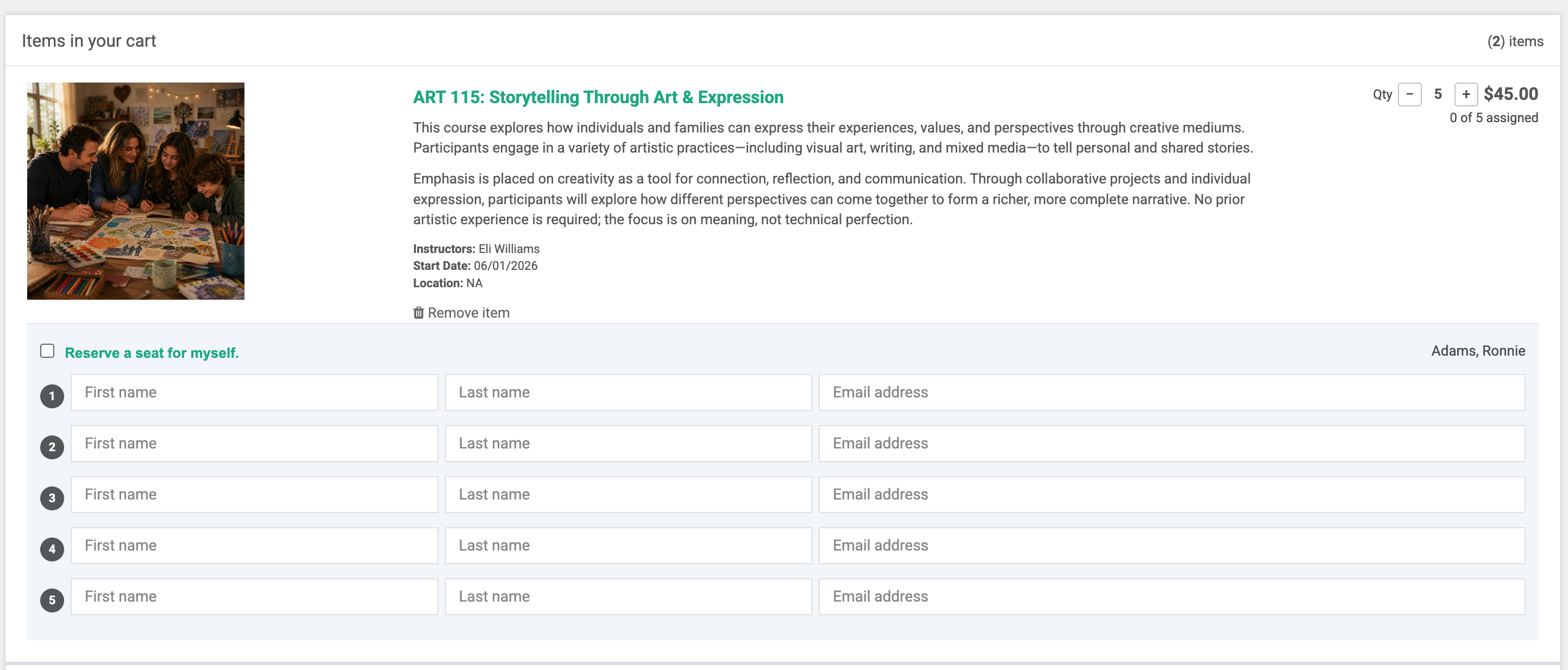 Quantity registration screen