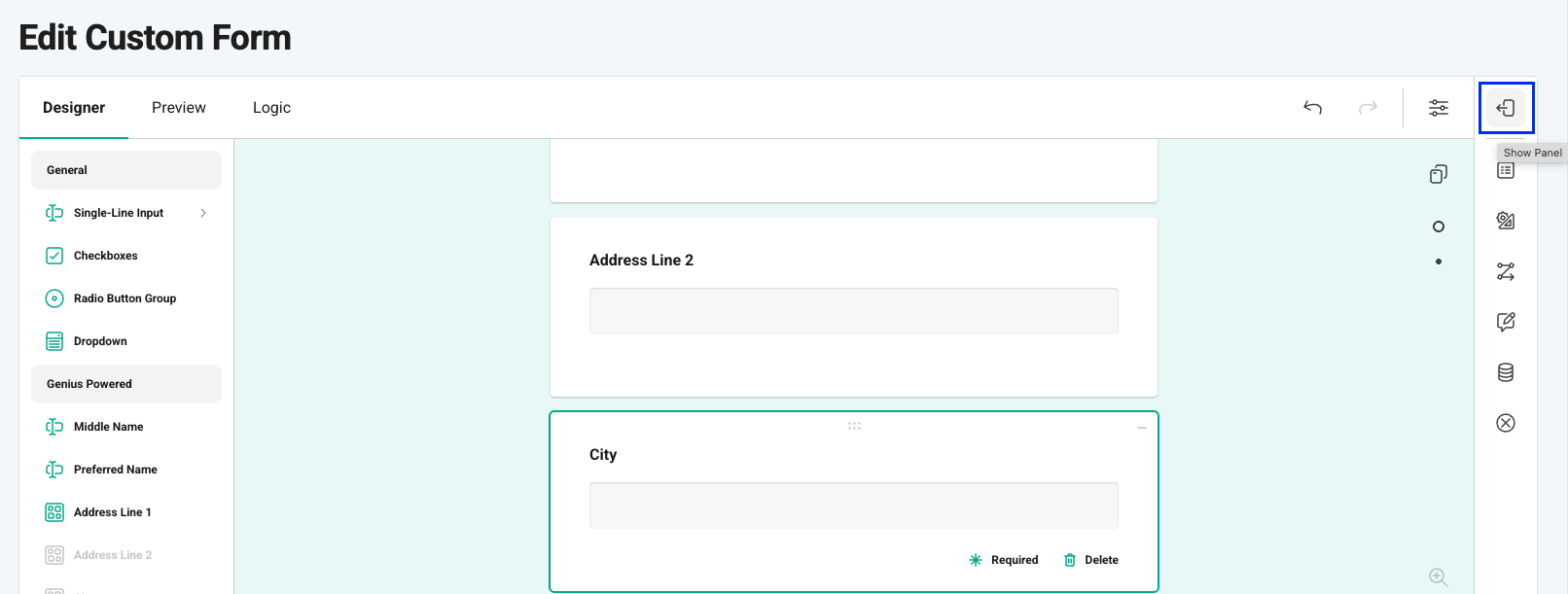 Show Panel button to open advanced editing menu
