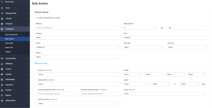 Image of the Bulk Actions programming screen