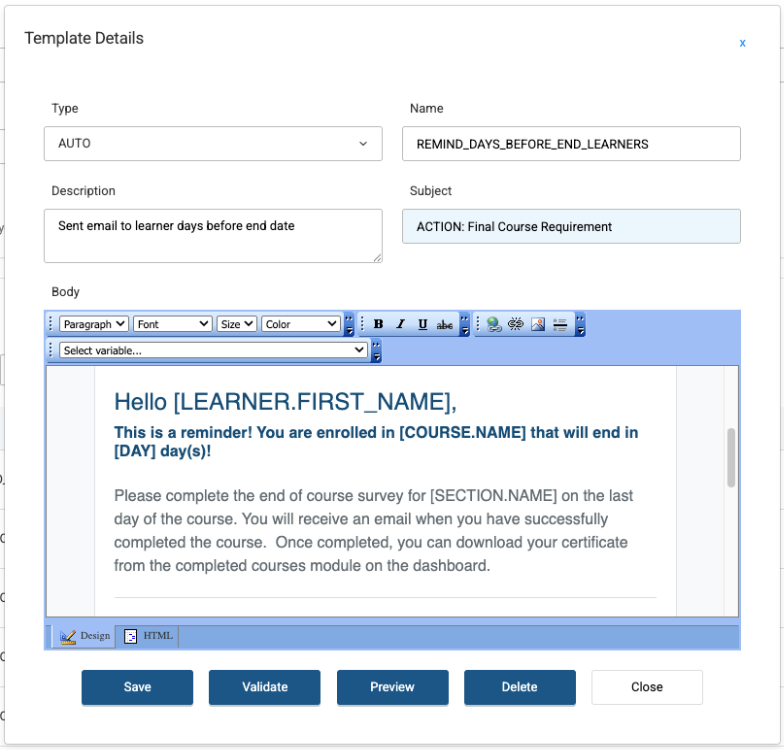 Image of email template editing screen