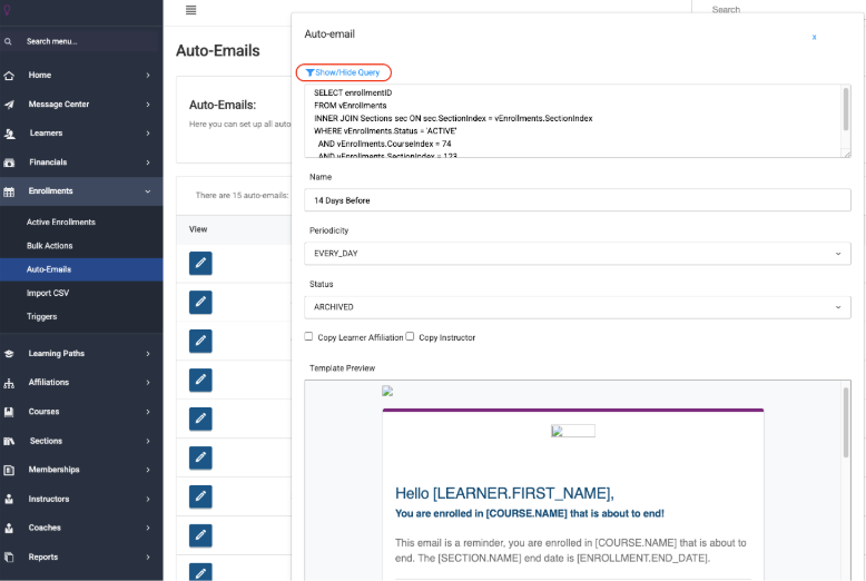 Image of the Auto-Email Show/Hide Query button