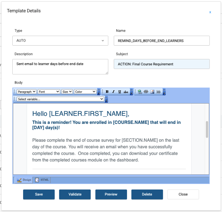 Image of Email Template editing screen