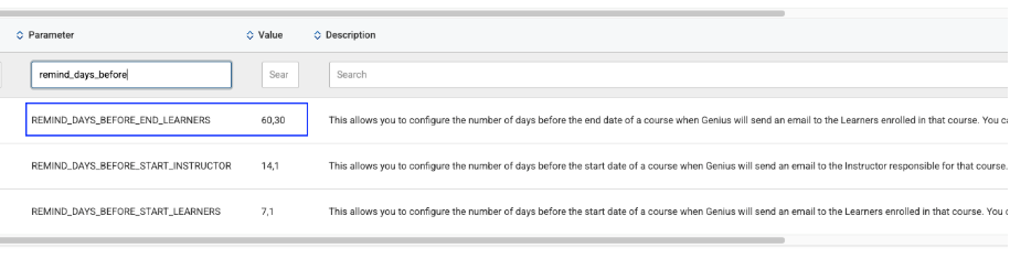 Image of Remind Days Before End Learners Parameter values and description