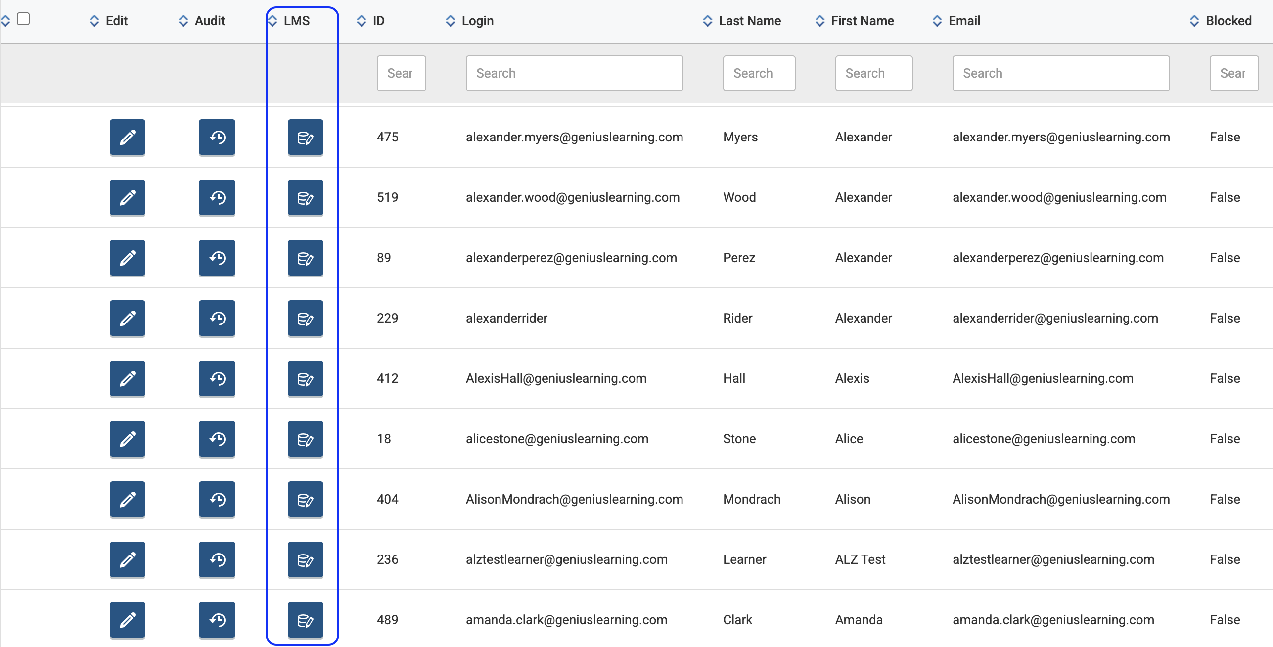 Image of Find Users screen with LMS buttons highlighted
