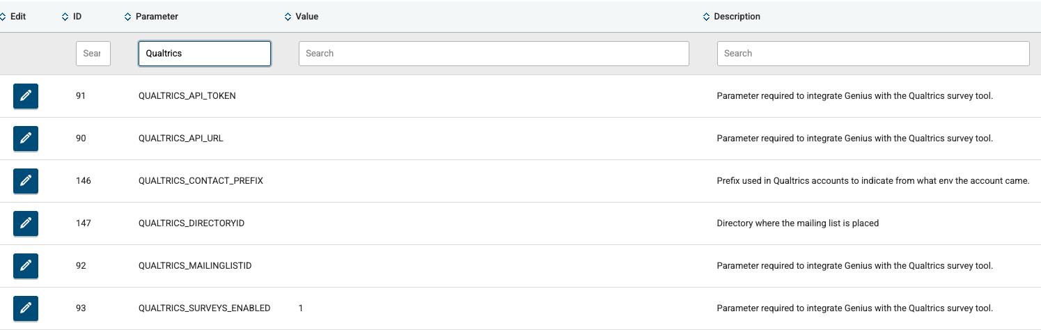 Image of the Parameters page filtered to Qualtrics