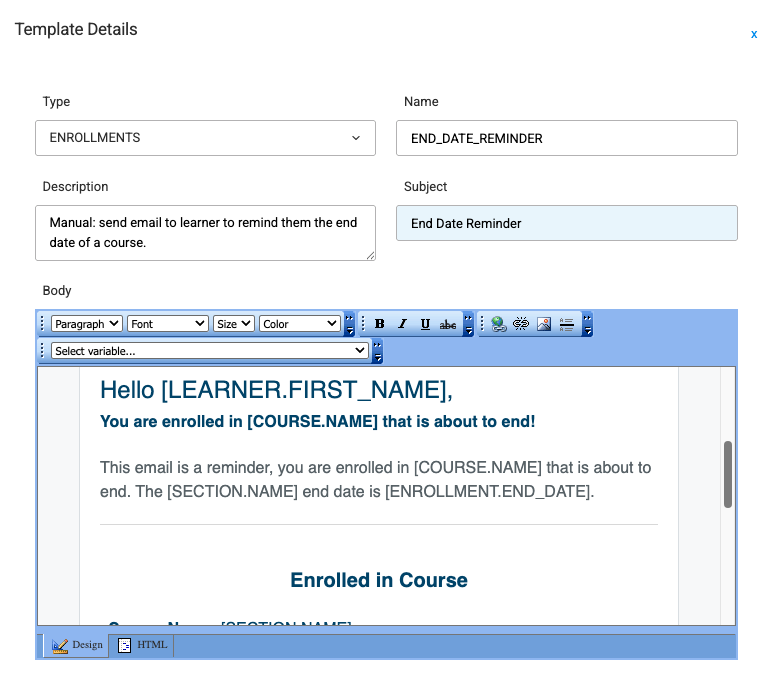 Image of End Date Reminder email with variables