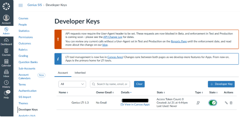 Screenshot of Developer Keys