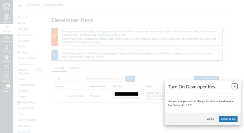 Screenshot of button to turn on the developer key