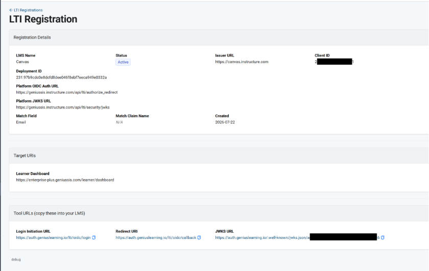 Screenshot of LTI Registration details