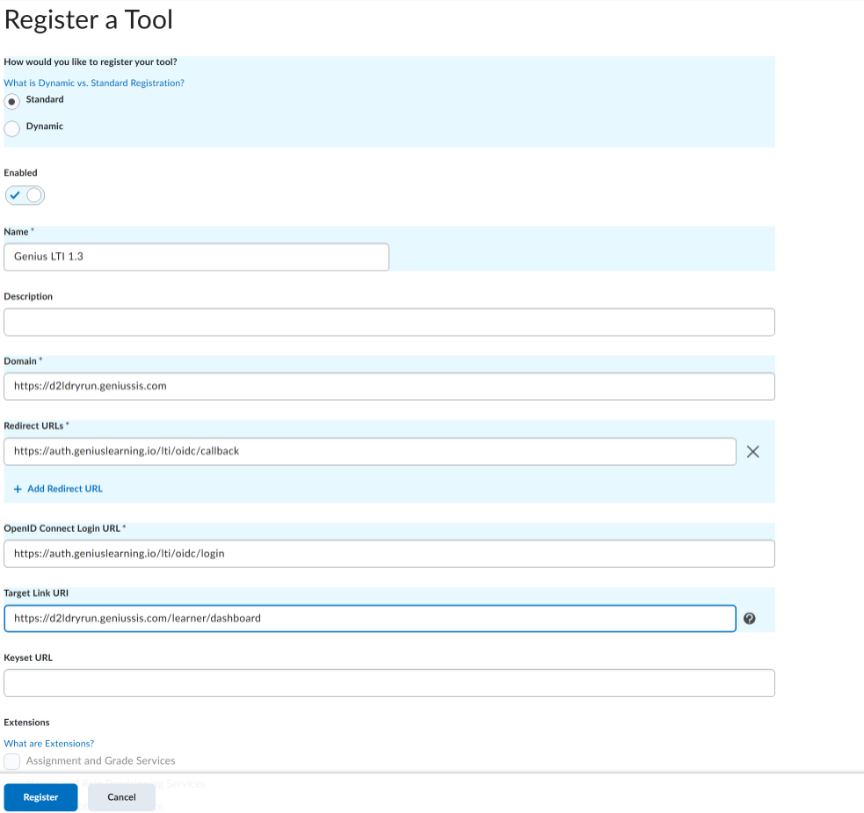 Screenshot of Register a Tool window