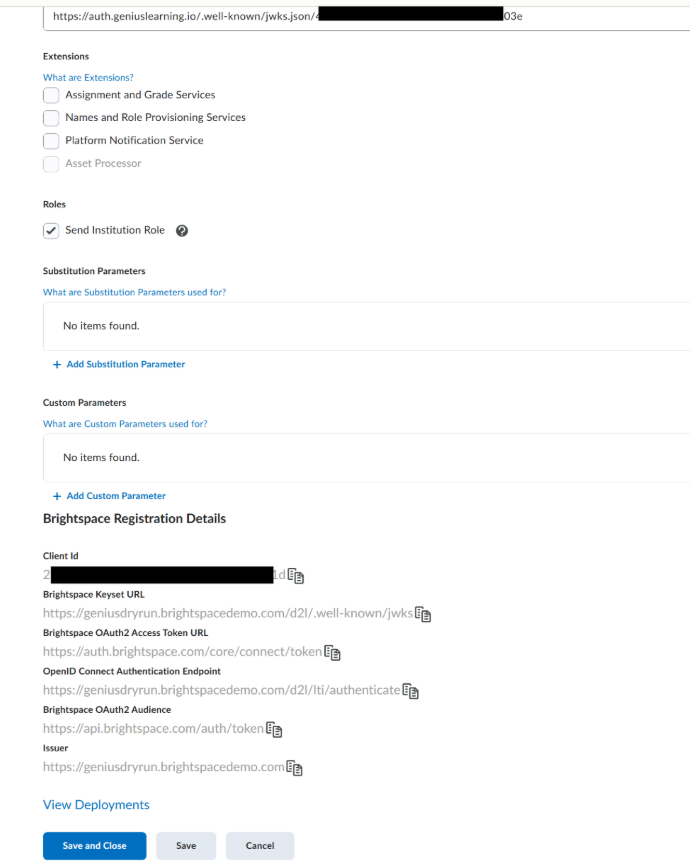 Screenshot of Brightspace registration details