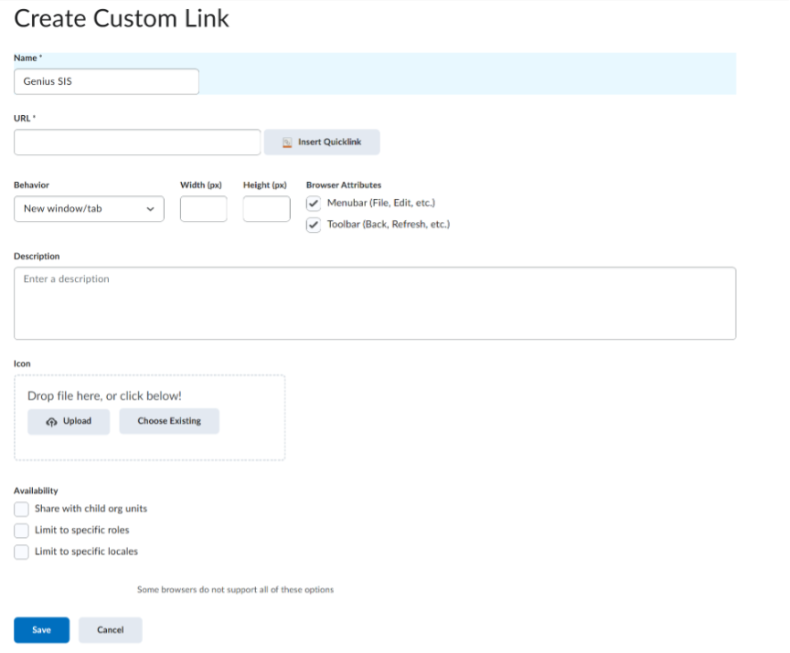 Create Custom Link window