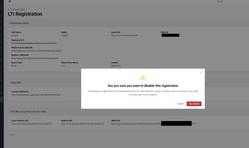 Screenshot of disable registration warning